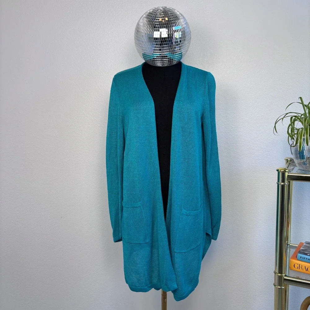 J. Jill Linen Blend‎ Open Front Cardigan, Petite Medium, Teal Coastal beachy